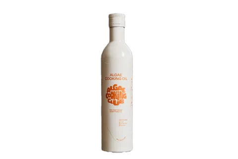   Garrafa branca de óleo de grau de chef do Algae Cooking Club com logotipo laranja escrito