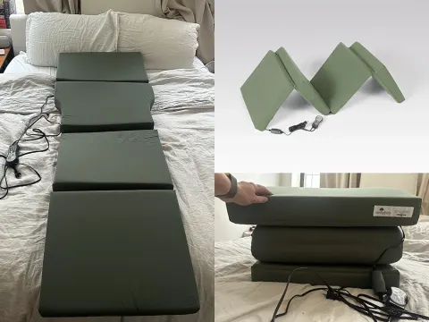   SoloPad lagt på sengen i grøn udfoldet ved siden af ​​foto af foldet solopad til højre