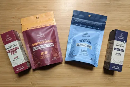   spalno olje lazarus naturals, uspavalni gumiji, mirni gumiji in olje polnega spektra, položeni drug ob drugem