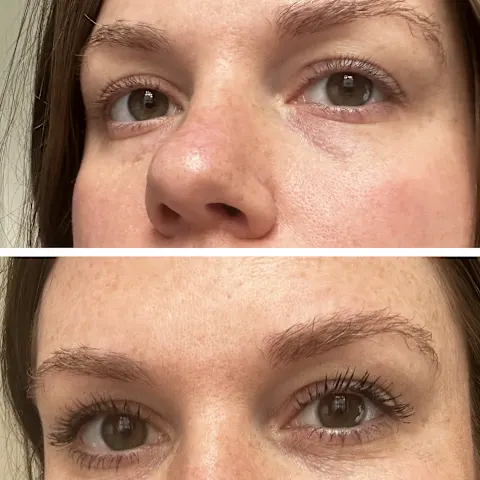   قبل وبعد برموش عارية وصورة لأحد المختبرين وهو يرتدي Colorescience Total Lash™ Mascara