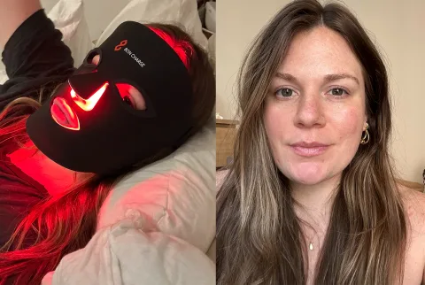   bon charge rødt lys maske i ansigtet ved siden af ​​kvindens (tester) ansigt efter brug med glødende hud