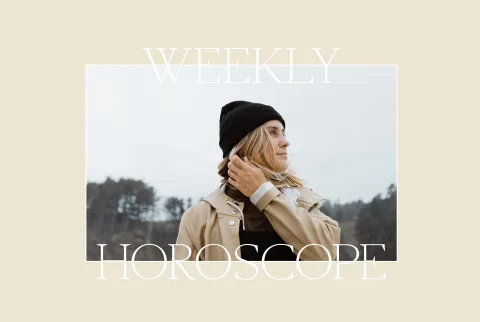   Blond kvinde iført sort hue ser ud i det fjerne inde i en beige rammelæsning"weekly horoscope"