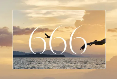   666 overlejret med billede af sø og bjerge