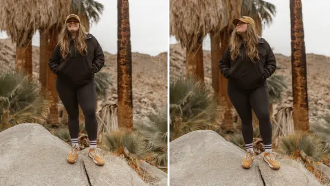   Timberland GreenStride Motion 6 alacsony fűzős túrázó lábon a 49 Palms Joshua Tree előtt